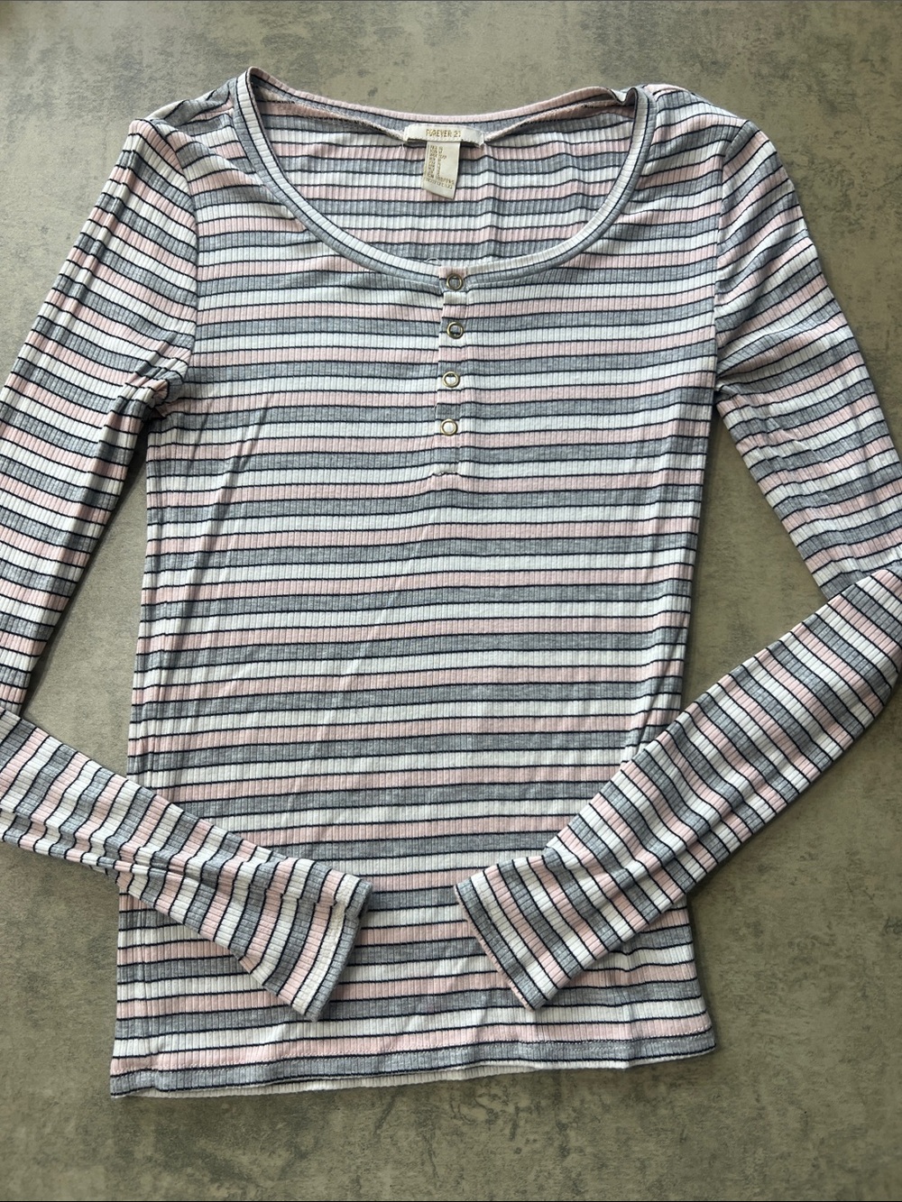 Forever 21 Pink and Gray Striped Ribbed Long-Sleeve Henley